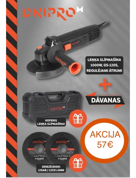 Leņķa slīpmašīna 1000W, 125mm, reg. ātrums GS-120S DNIPRO-M +AKCIJA Leņķa slīpmašīna 1000W, 125mm, reg. ātrums GS-120S DNIPRO-M +AKCIJA